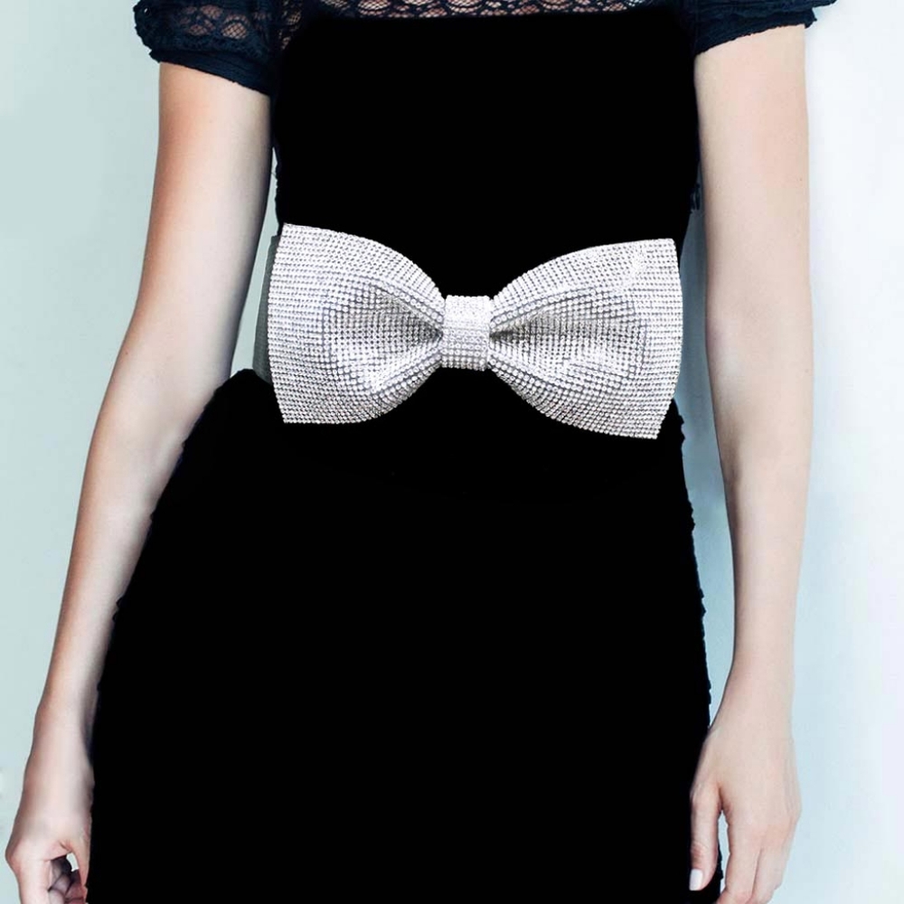 Silver Crystal Ribbon Bow Elastic Stretch Band Sparkly Buckle Belt Statement